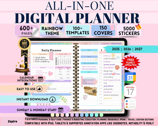 Undated ADHD All In One Digital Planner 2025 2026 2027, Digital Planner, Digital Journal, Digital Goodnotes Template, Weekly, Daily Planner Month